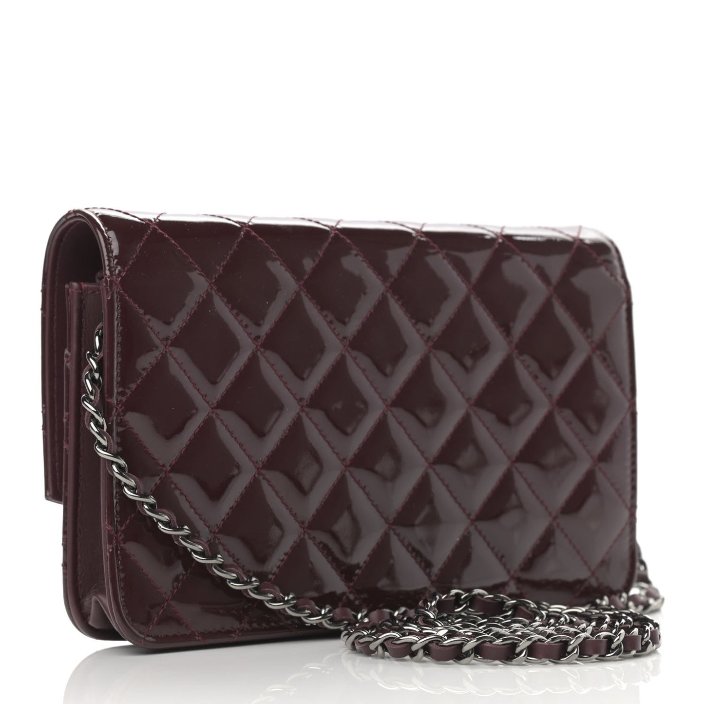 Patent Quilted Brilliant Wallet On Chain WOC Dark Burgundy