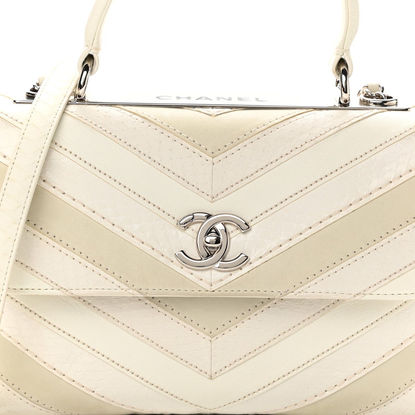 Calfskin Sheepskin Watersnake Chevron Quilted CC Small Trendy CC Dual Handle Flap Bag White