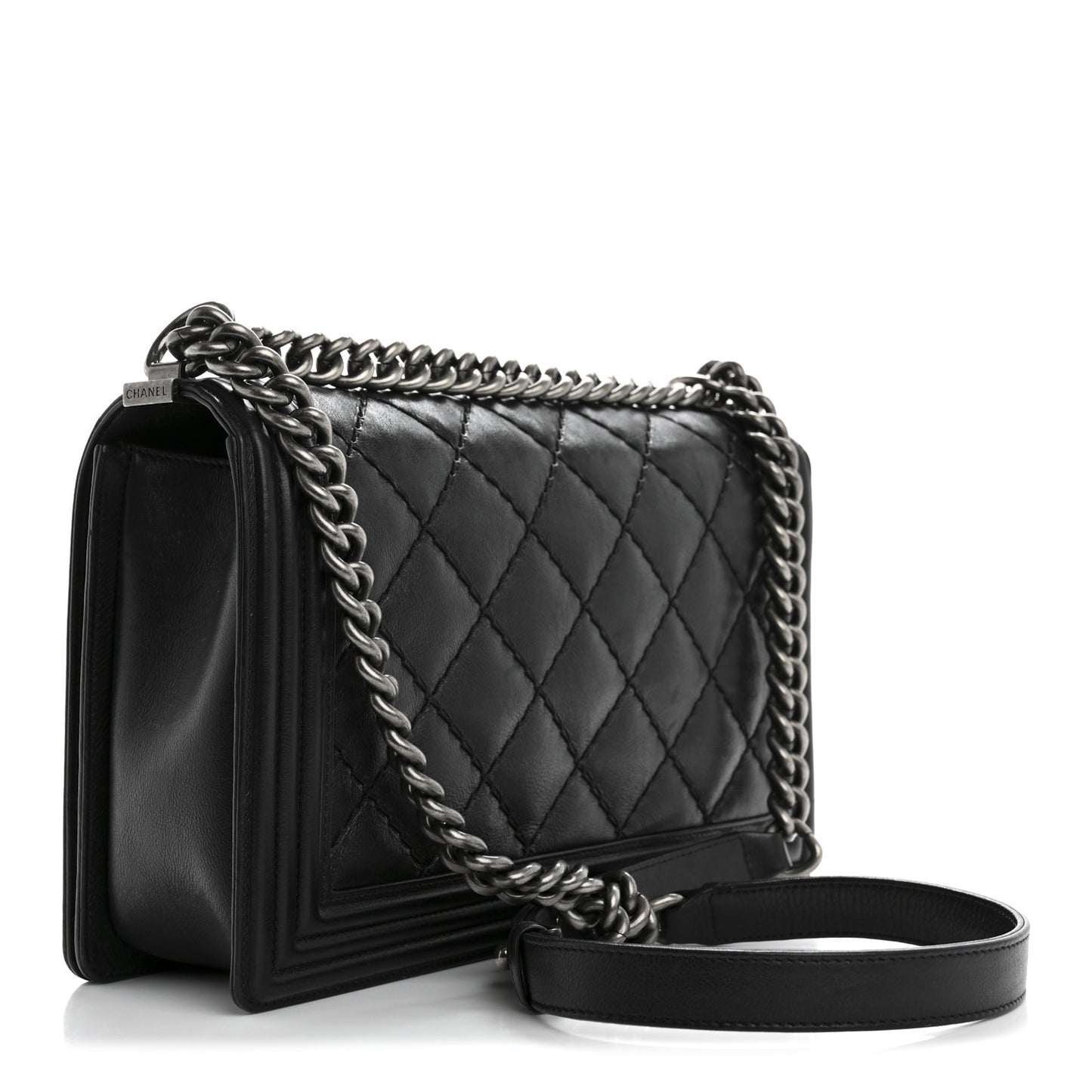 Calfskin Quilted Double Stitch New Medium Boy Flap Black
