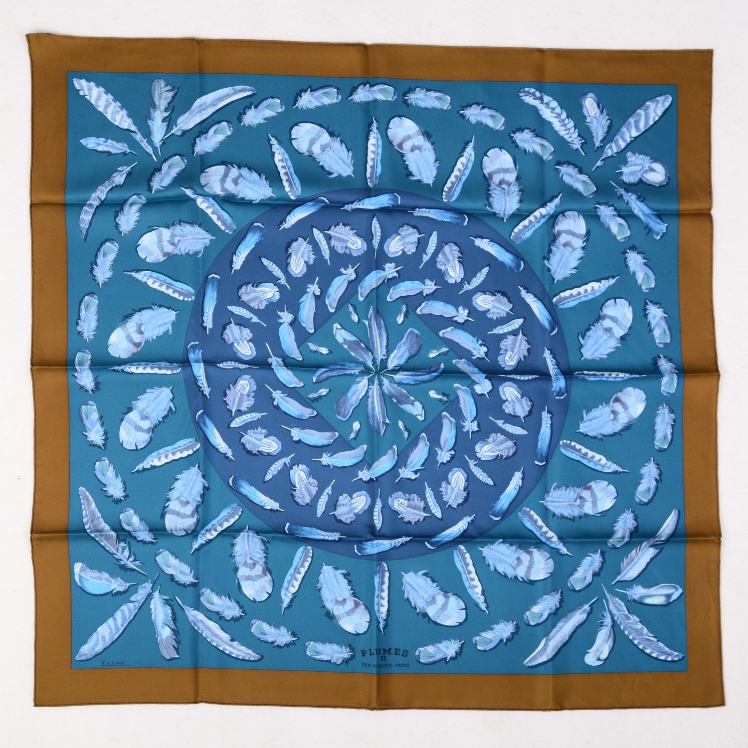 Hermes Silk Plumes II Scarf 90 Bronze Canard Petrol 2 of 6