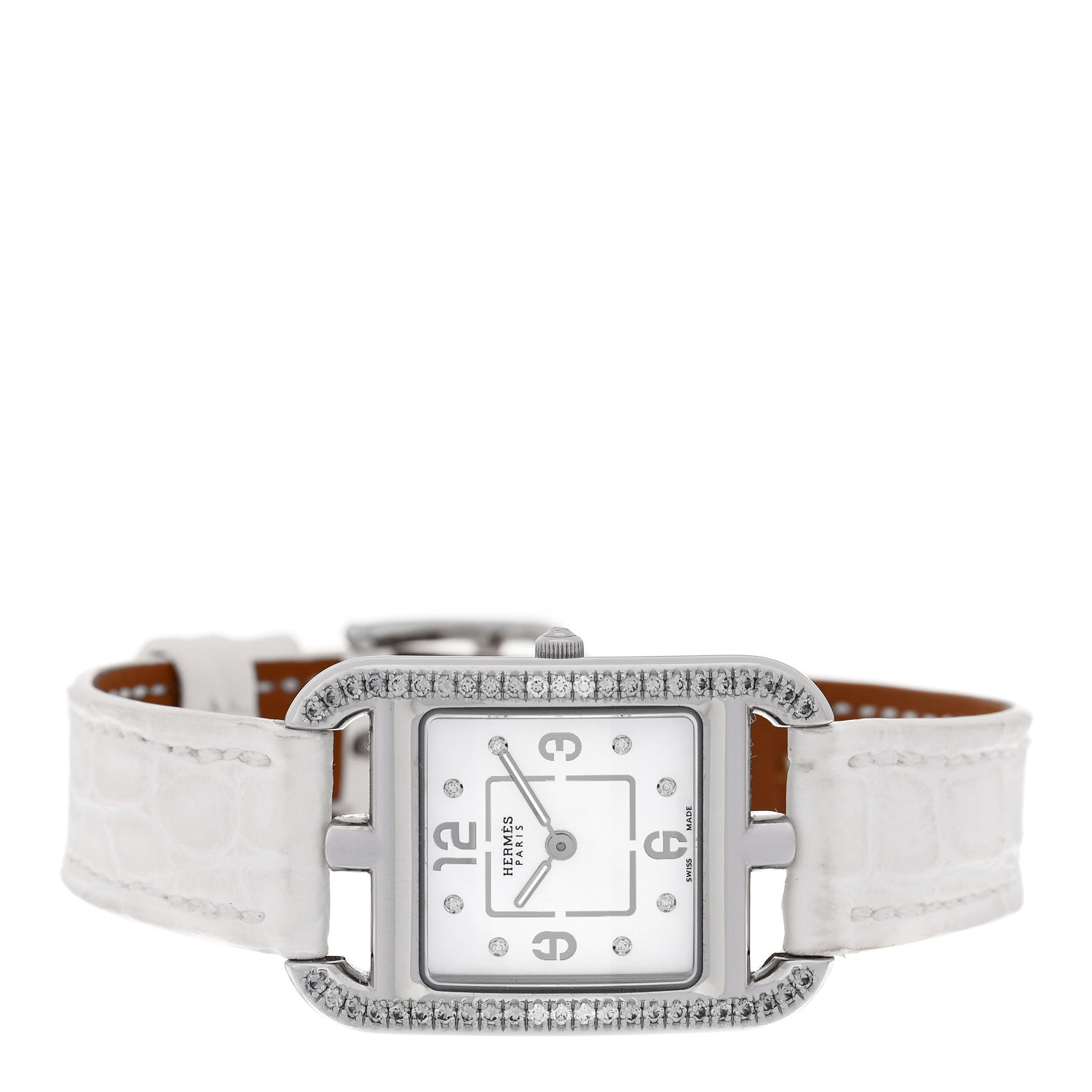 Hermes Stainless Steel Alligator Diamond Bezel Mother of Pearl 23mm Cape Cod Quartz Watch Blanc 2 of 5