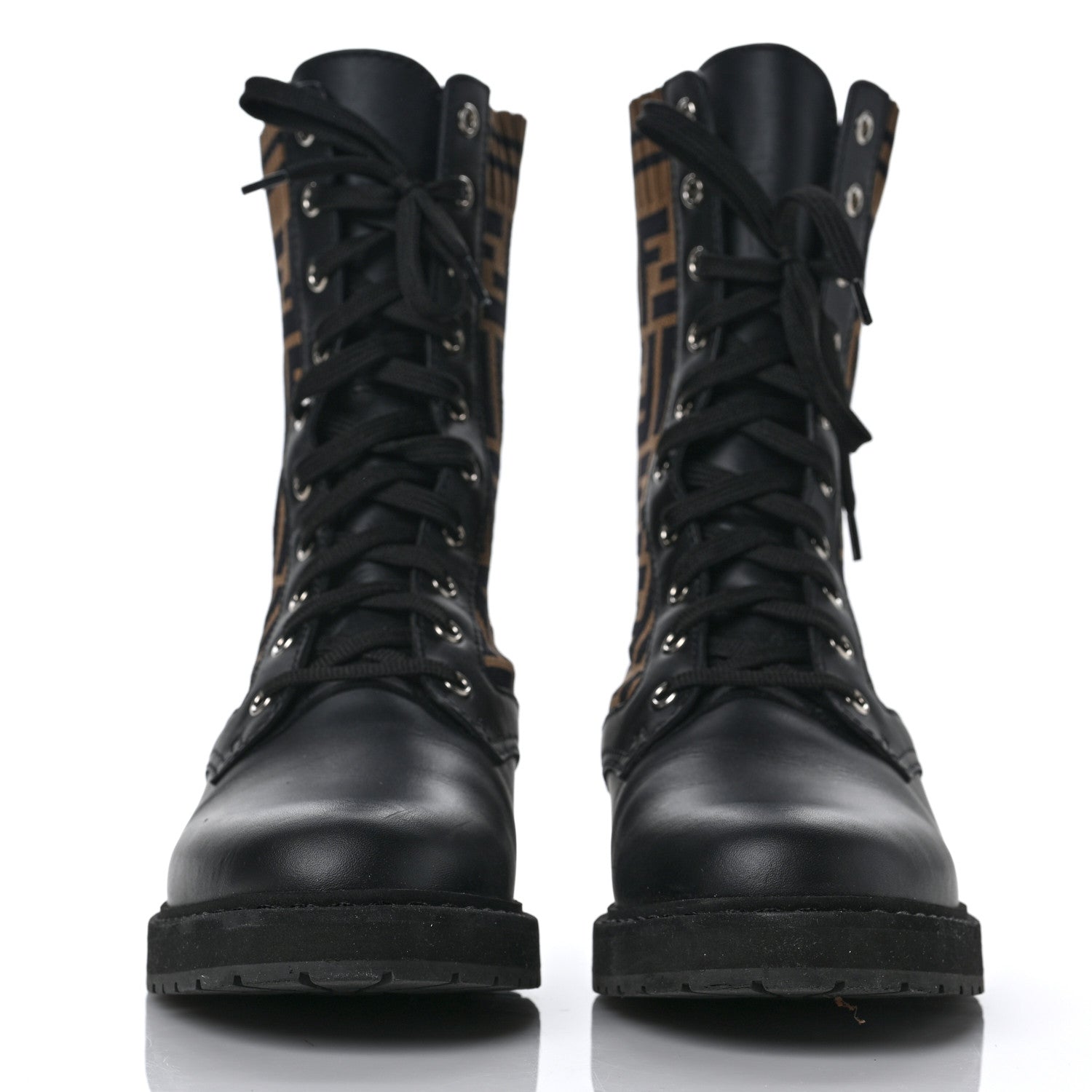 Fendi Calfskin Stretch Fabric FF Rockoko Biker Boots 40 Black Tobacco 2 of 11