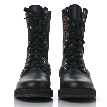 Fendi Calfskin Stretch Fabric FF Rockoko Biker Boots 40 Black Tobacco 2 of 11