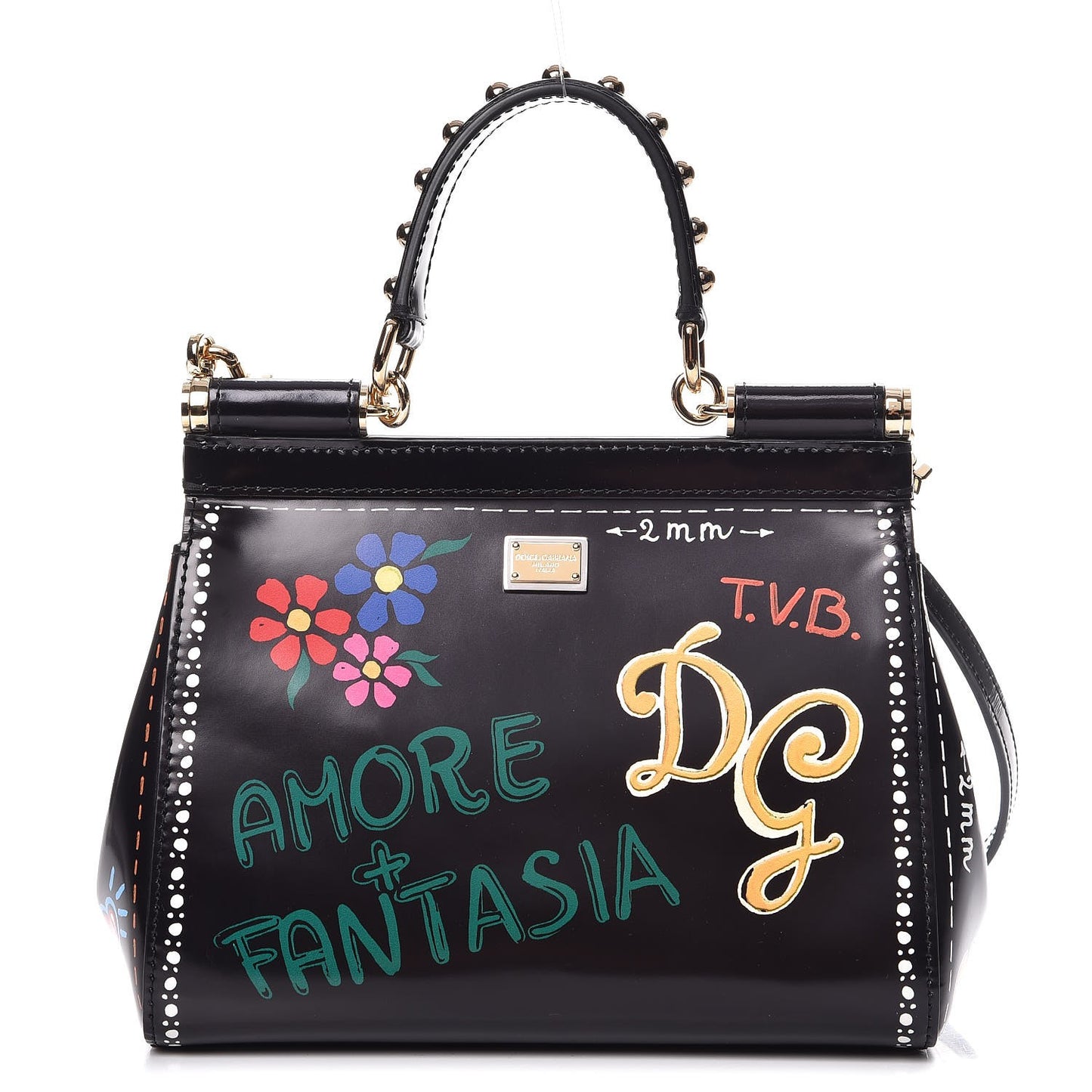 Glazed Calfskin Embroidered Medium Heart Flower Miss Sicily Satchel Black