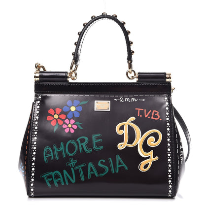 Dolce & Gabbana Glazed Calfskin Embroidered Medium Heart Flower Miss Sicily Satchel Black 11 of 11