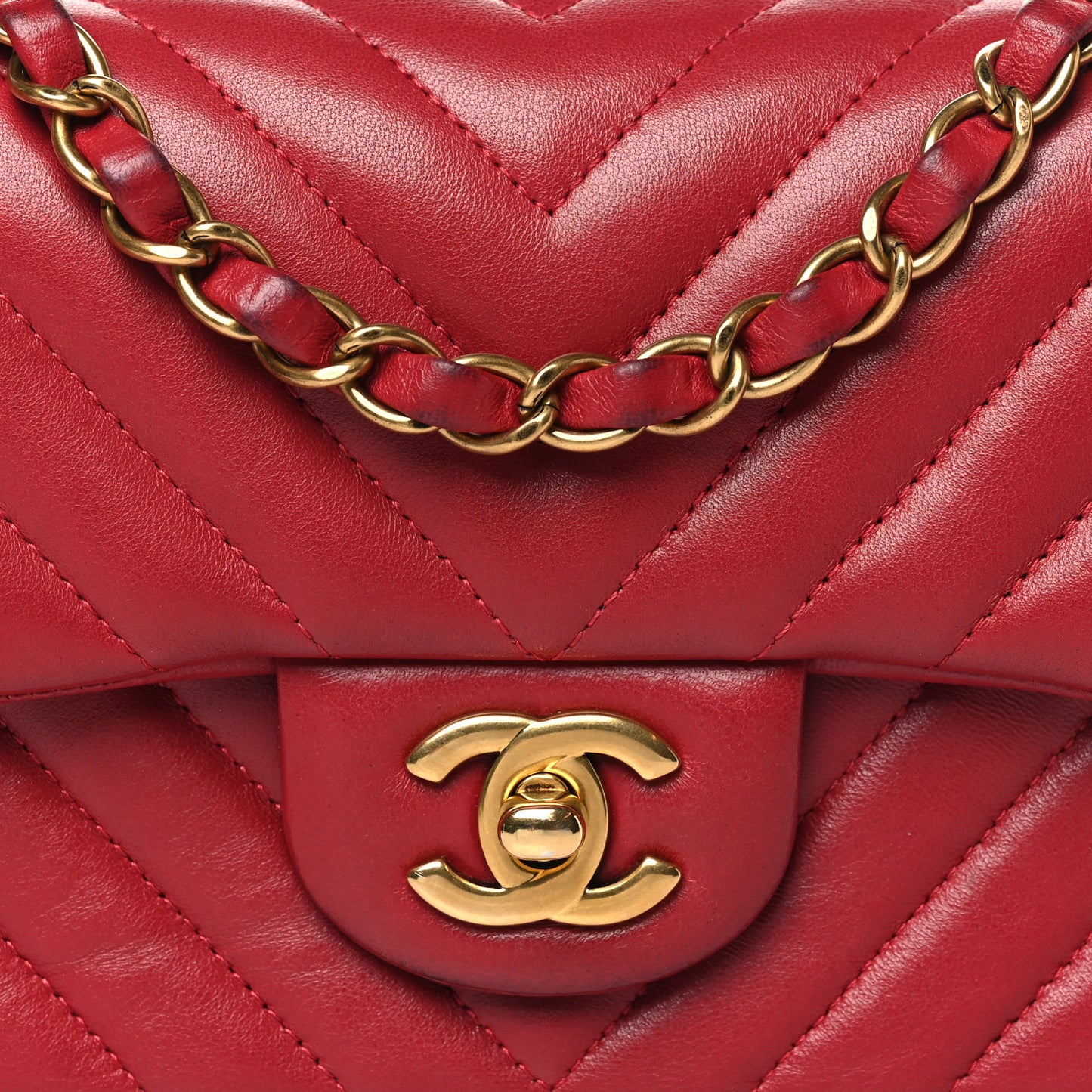 Lambskin Chevron Quilted Mini Rectangular Flap Red