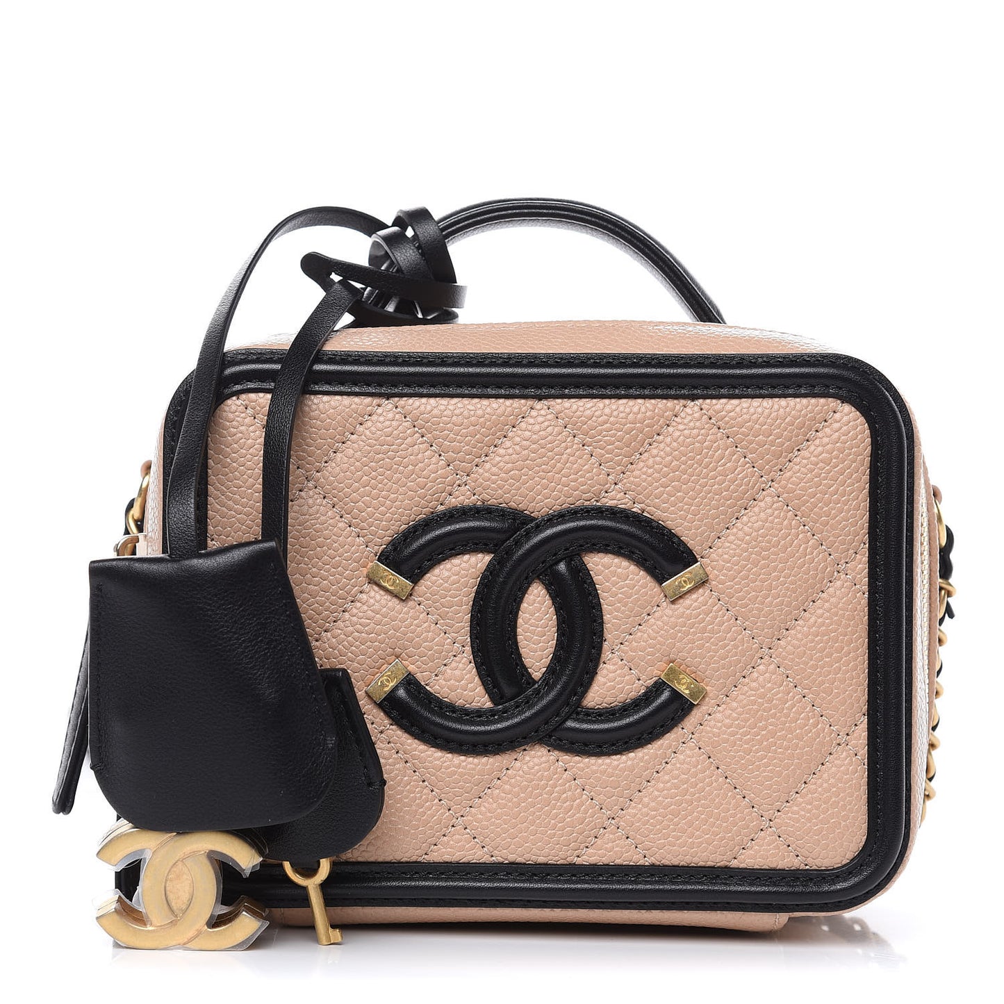 Caviar Quilted Small CC Filigree Vanity Case Beige Black