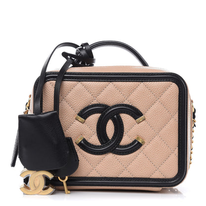Chanel Caviar Quilted Small CC Filigree Vanity Case Beige Black 1 of 12