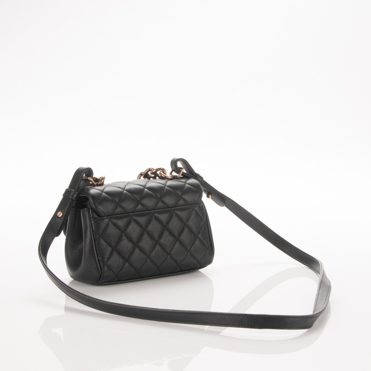 Shiny Sheepskin Quilted Mini Trapezio Flap Black