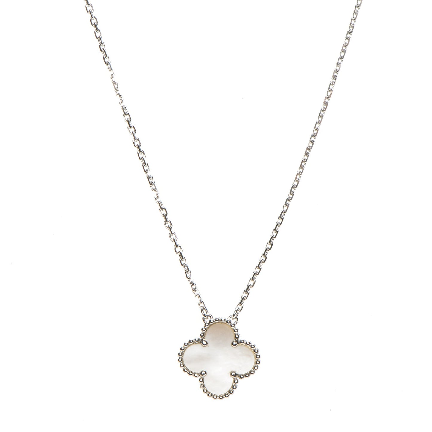 18K White Gold Mother of Pearl Vintage Alhambra Pendant Necklace
