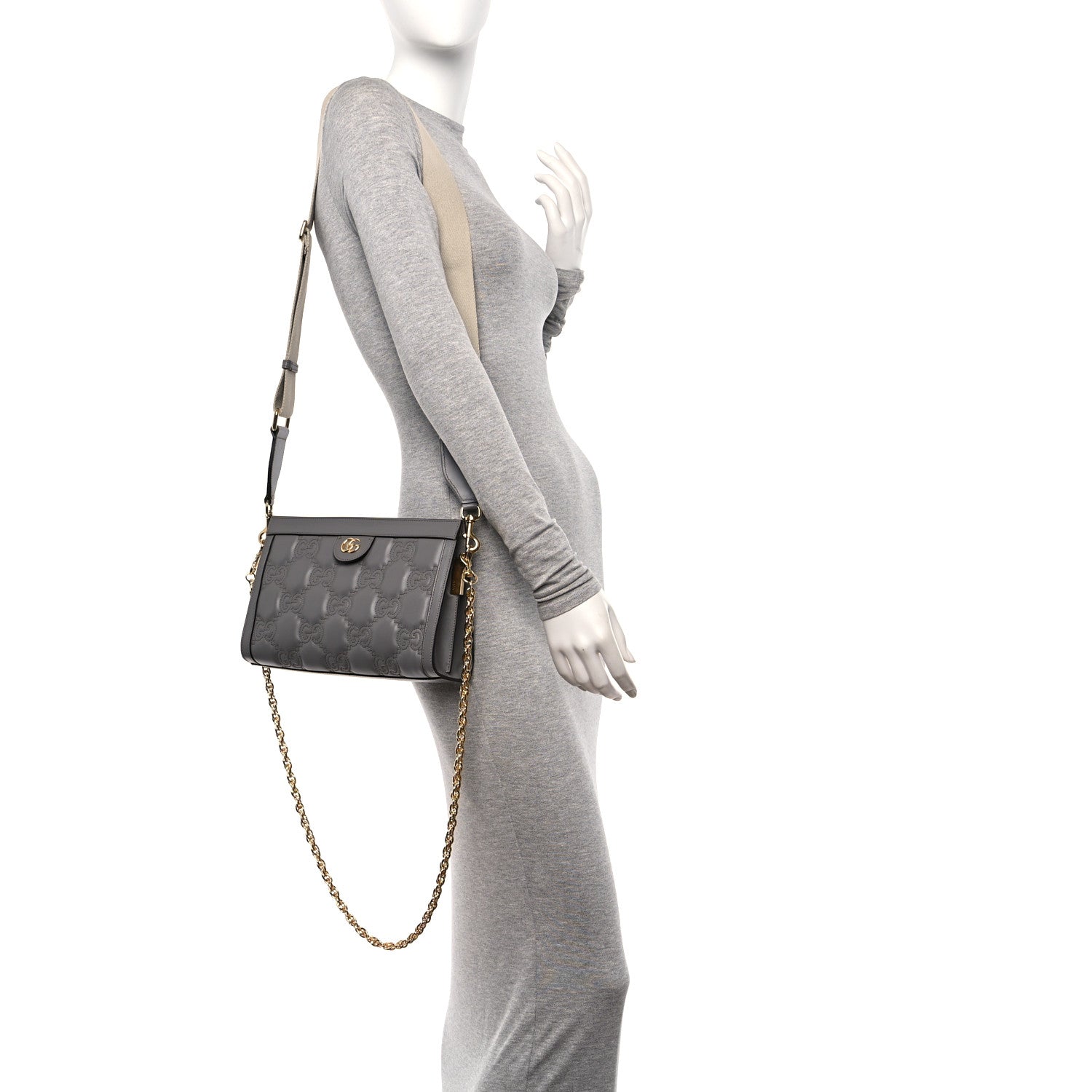 Gucci Calfskin GG Matelasse Small Slim Chain Shoulder Bag Dusty Grey Natural 2 of 9