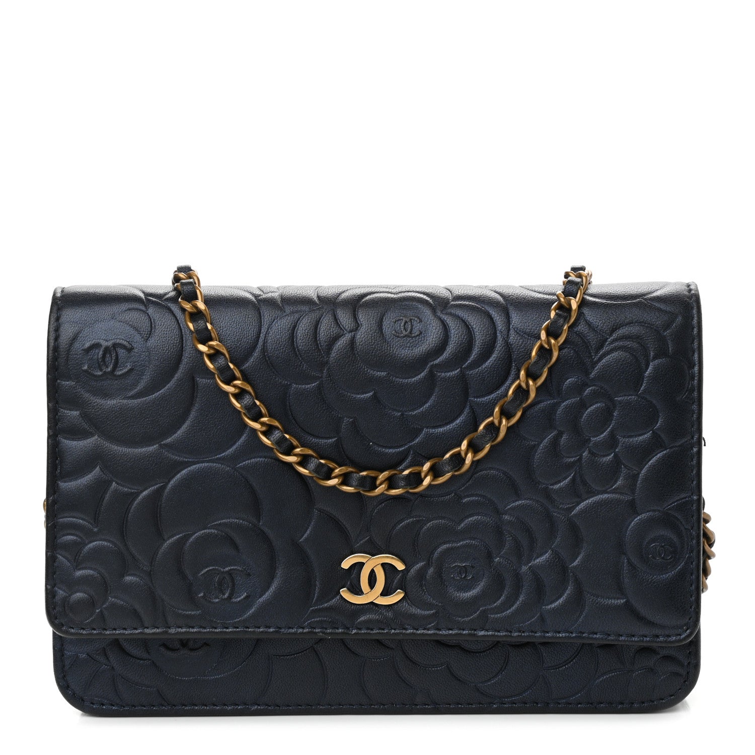 Chanel Goatskin Camellia Embossed Wallet On Chain WOC Navy 1 of 11