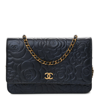 Chanel Goatskin Camellia Embossed Wallet On Chain WOC Navy 1 of 11