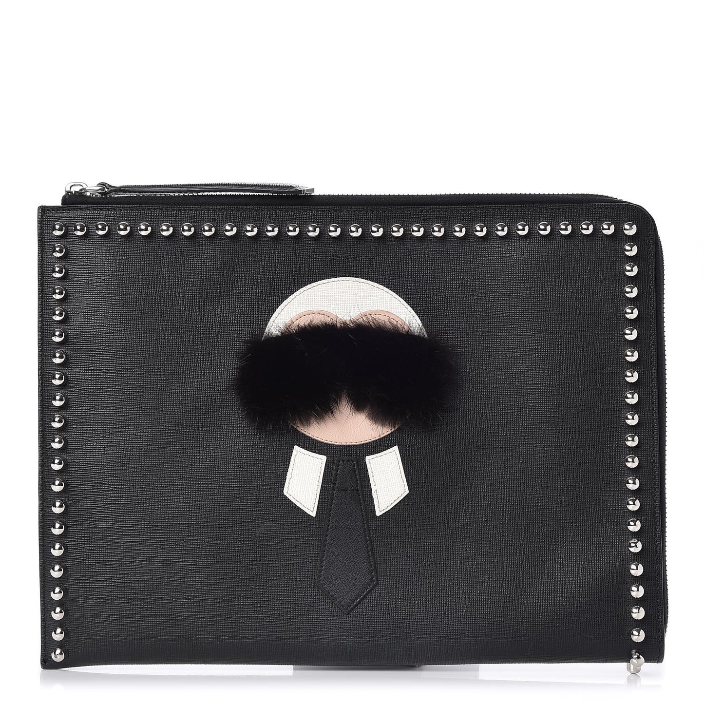 Vitello Elite Mink Fur Studded Karlito Zip Around Pouch Black
