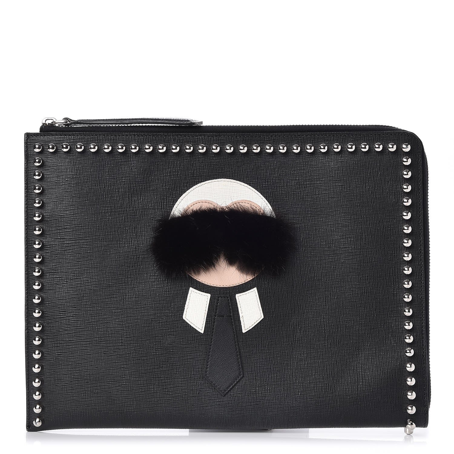 Fendi Vitello Elite Mink Fur Studded Karlito Zip Around Pouch Black 1 of 7