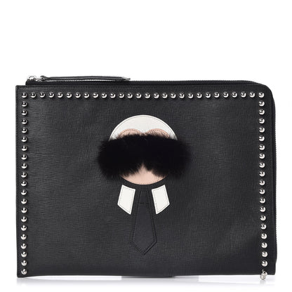 Fendi Vitello Elite Mink Fur Studded Karlito Zip Around Pouch Black 1 of 7
