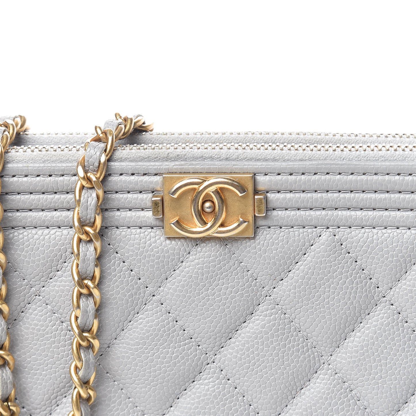 Caviar Quilted Small Boy Clutch With Chain Grey