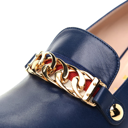 Gucci Malaga Kid Sylvie Web Chain Mid Heel Loafers 39 Blue Agata 10 of 11