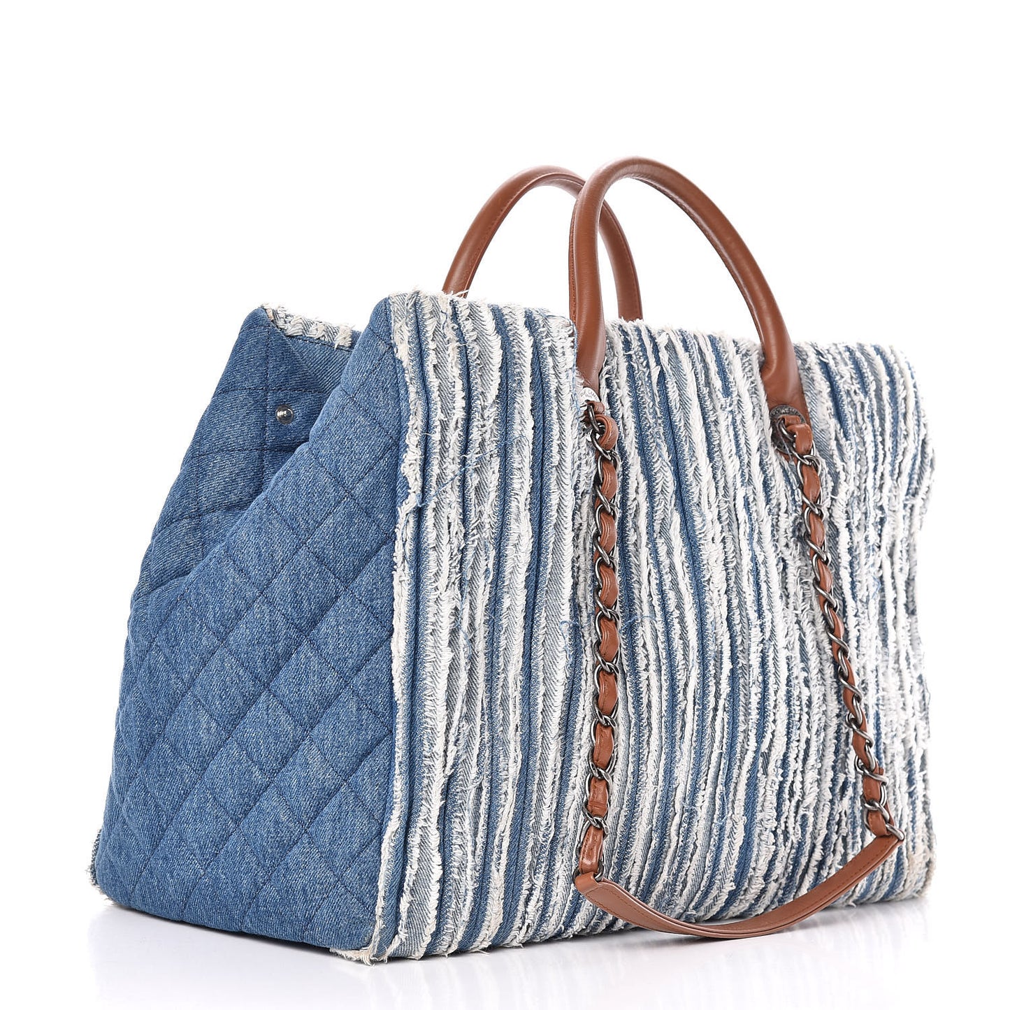 Denim Fringe Large Shopping Tote Blue