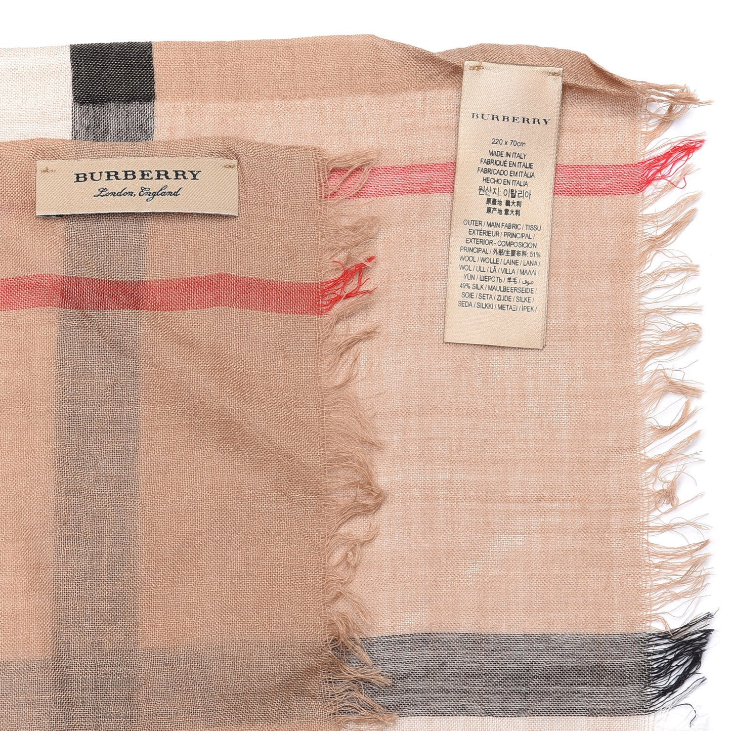 Wool Silk Gauze Giant Check Lightweight Scarf Camel