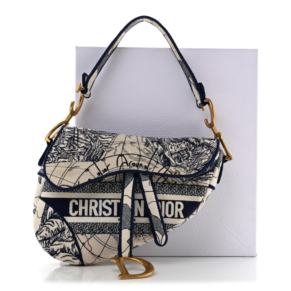 Canvas Embroidered Around the World Saddle Bag Blue