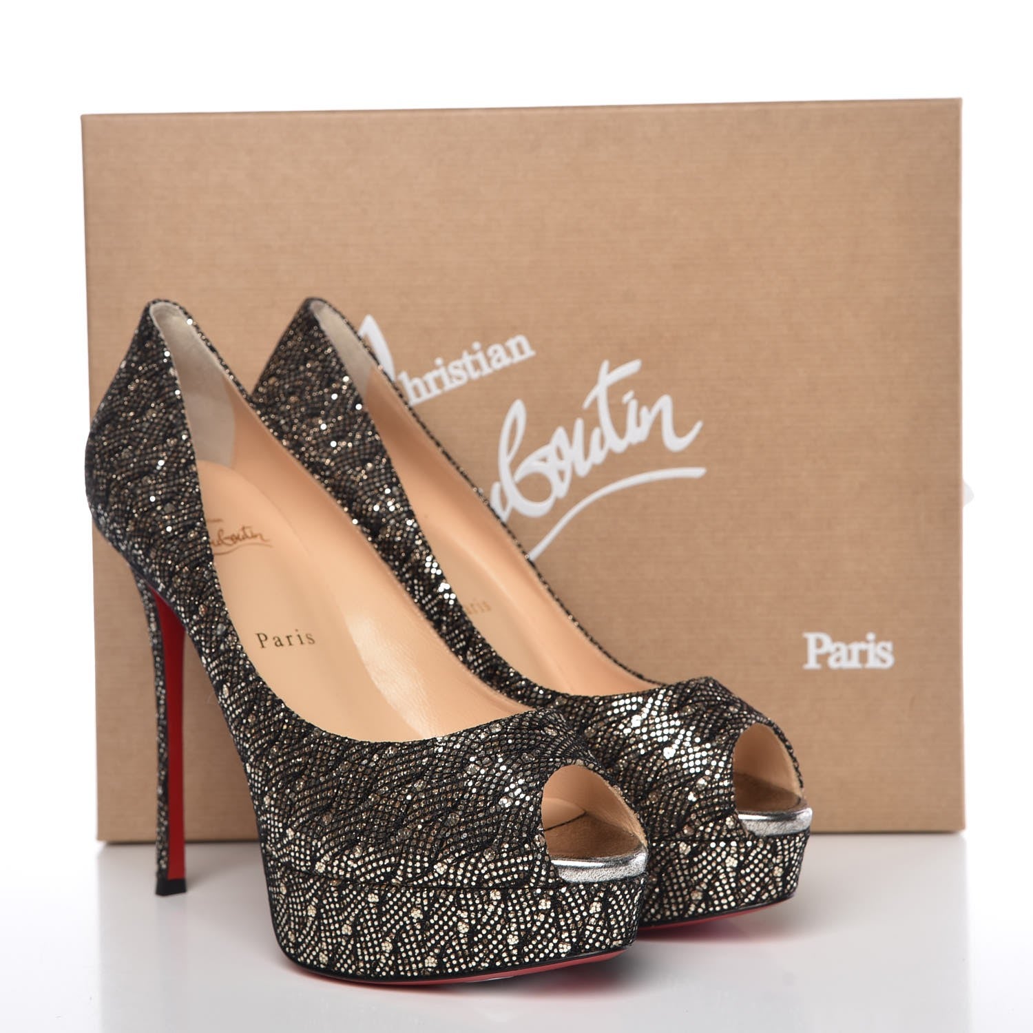 Christian Louboutin Glitter Palace SP Oxyde Fetish Peep 130 Pumps 39 Platine Silver 8 of 8