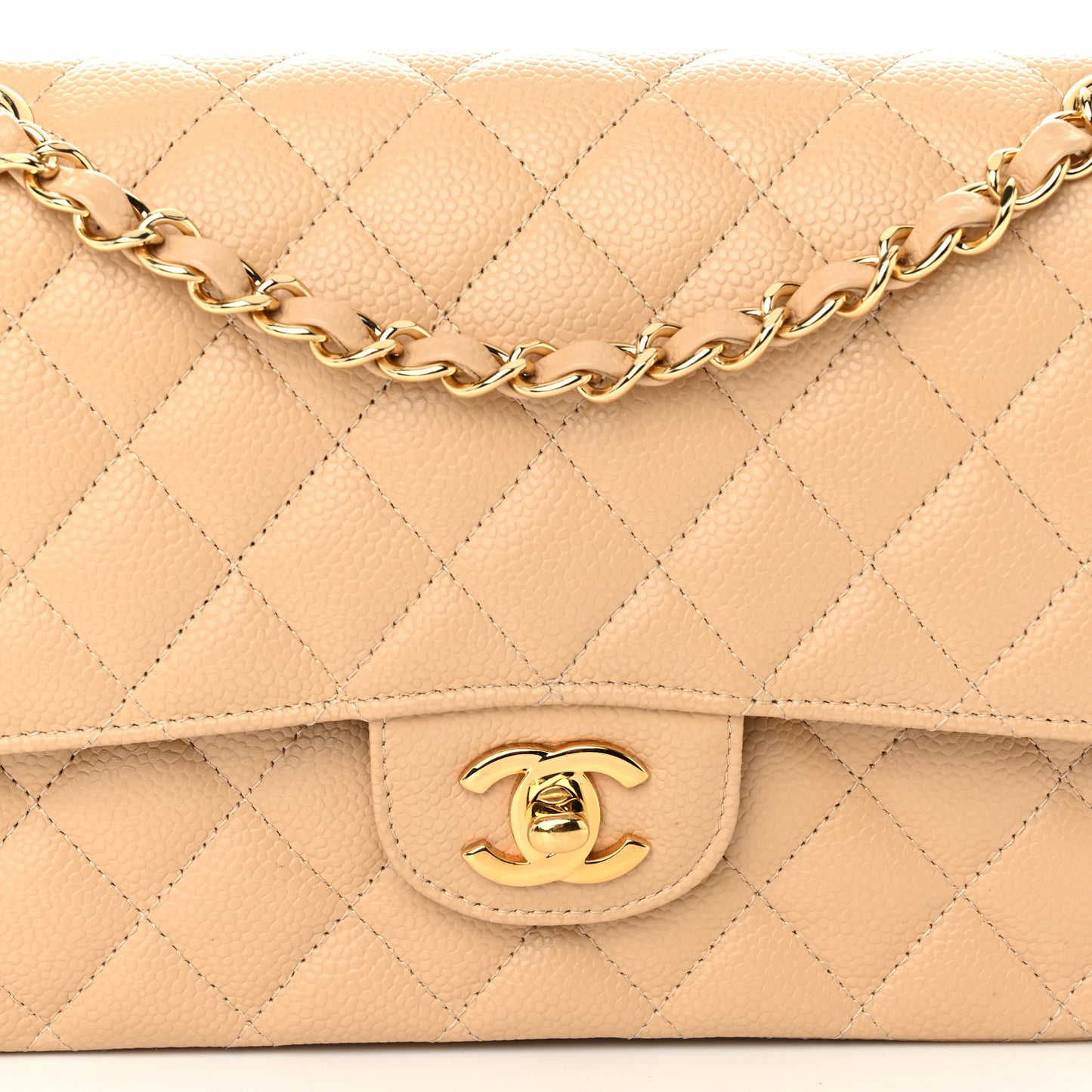 Caviar Quilted Medium Double Flap Beige