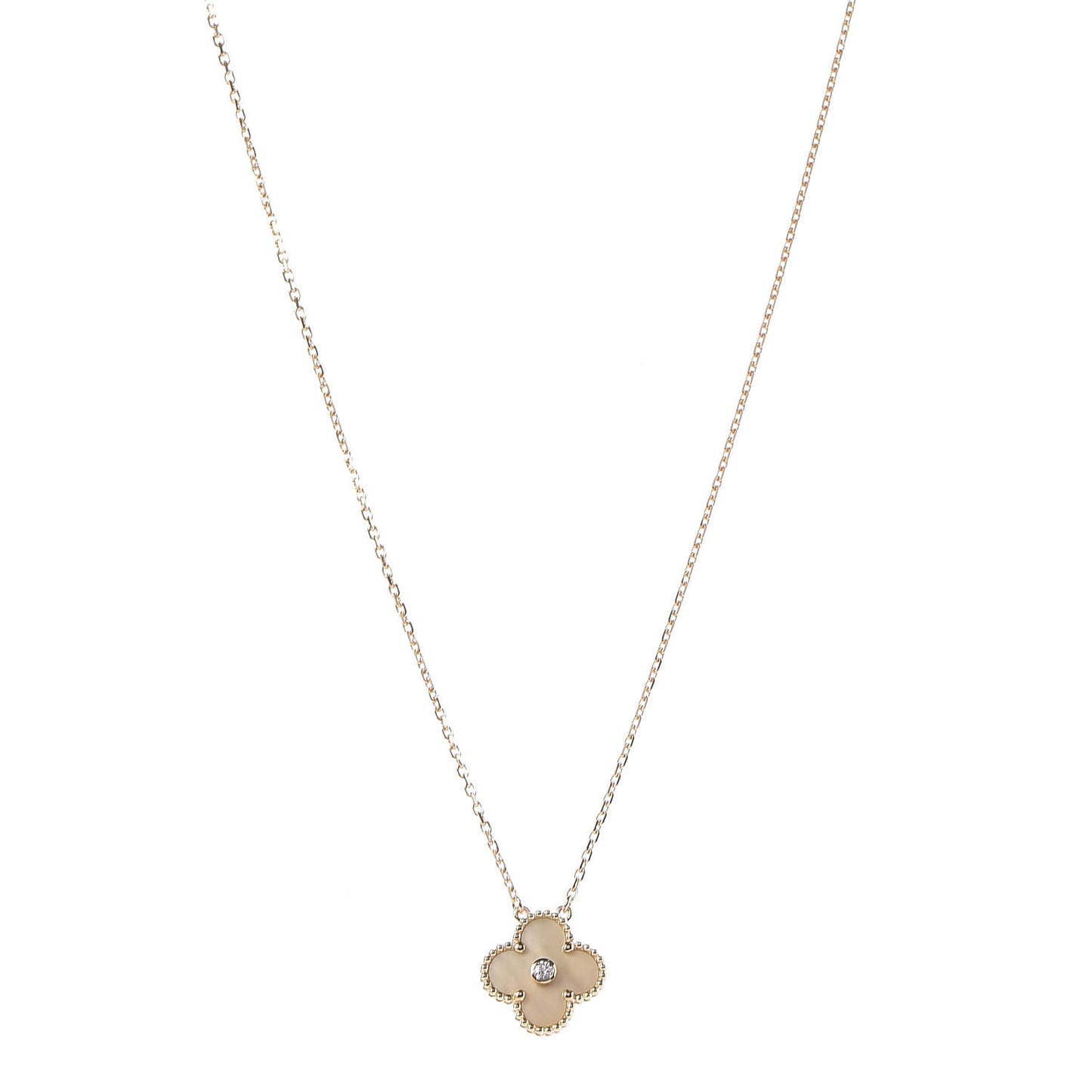 18K Yellow Gold Diamond Yellow Mother of Pearl Vintage Alhambra Pendant Necklace