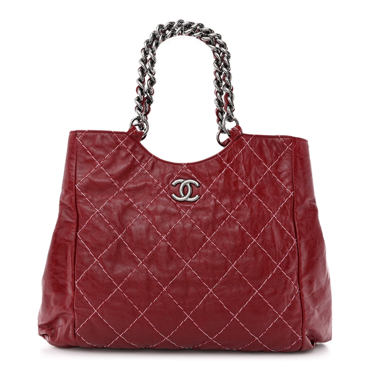 Glazed Goatskin Double Contrast Stitch Tote Red