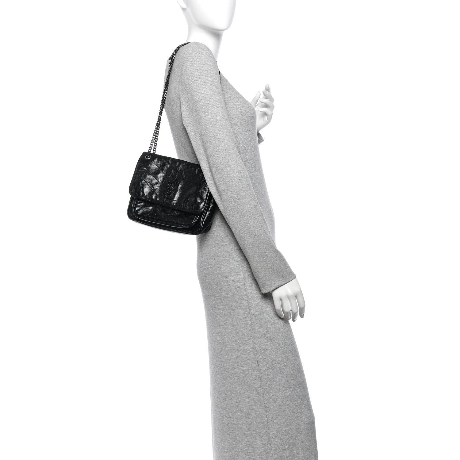 Saint Laurent Crinkled Calfskin Matelasse Monogram Baby Niki Chain Satchel Black 2 of 11