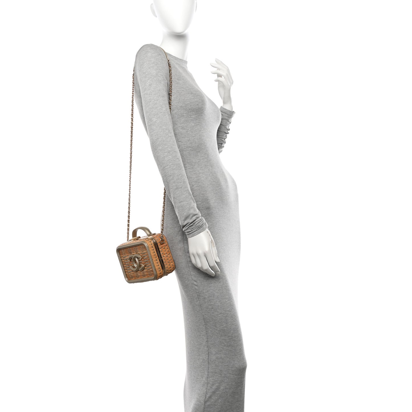 Raffia Calfskin Small CC Vanity Case Gold