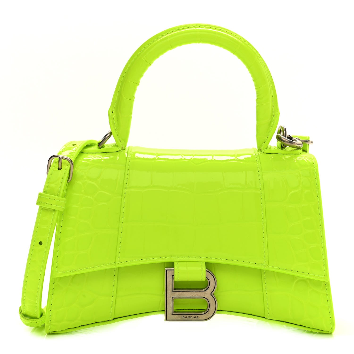 Balenciaga Shiny Calfskin Crocodile Embossed Hourglass Top Handle Bag XS Fluo Yellow 1 of 11