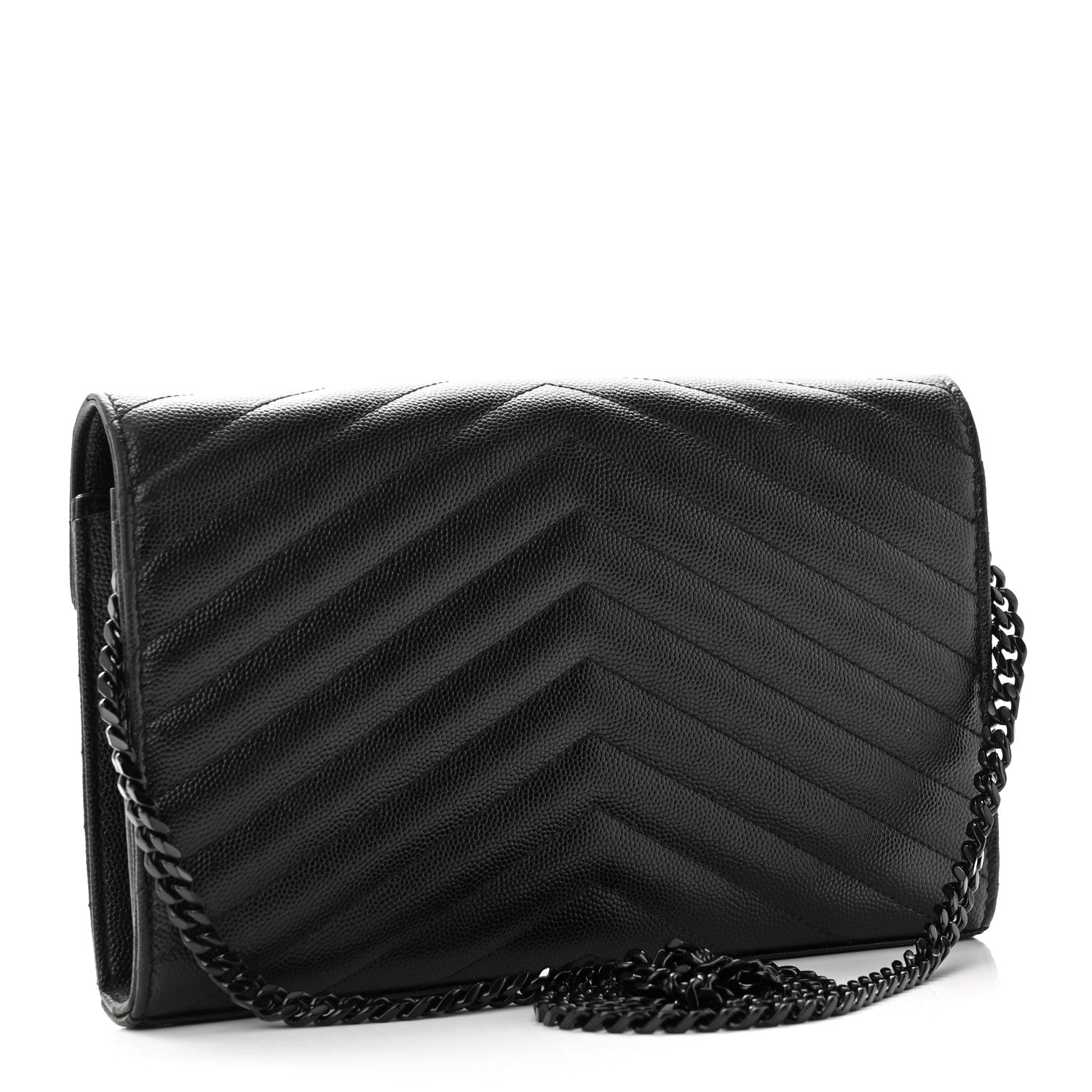 Saint Laurent Grain De Poudre Matelasse Chevron Monogram Monochrome Chain Wallet Black 2 of 10