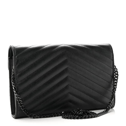 Saint Laurent Grain De Poudre Matelasse Chevron Monogram Monochrome Chain Wallet Black 2 of 10