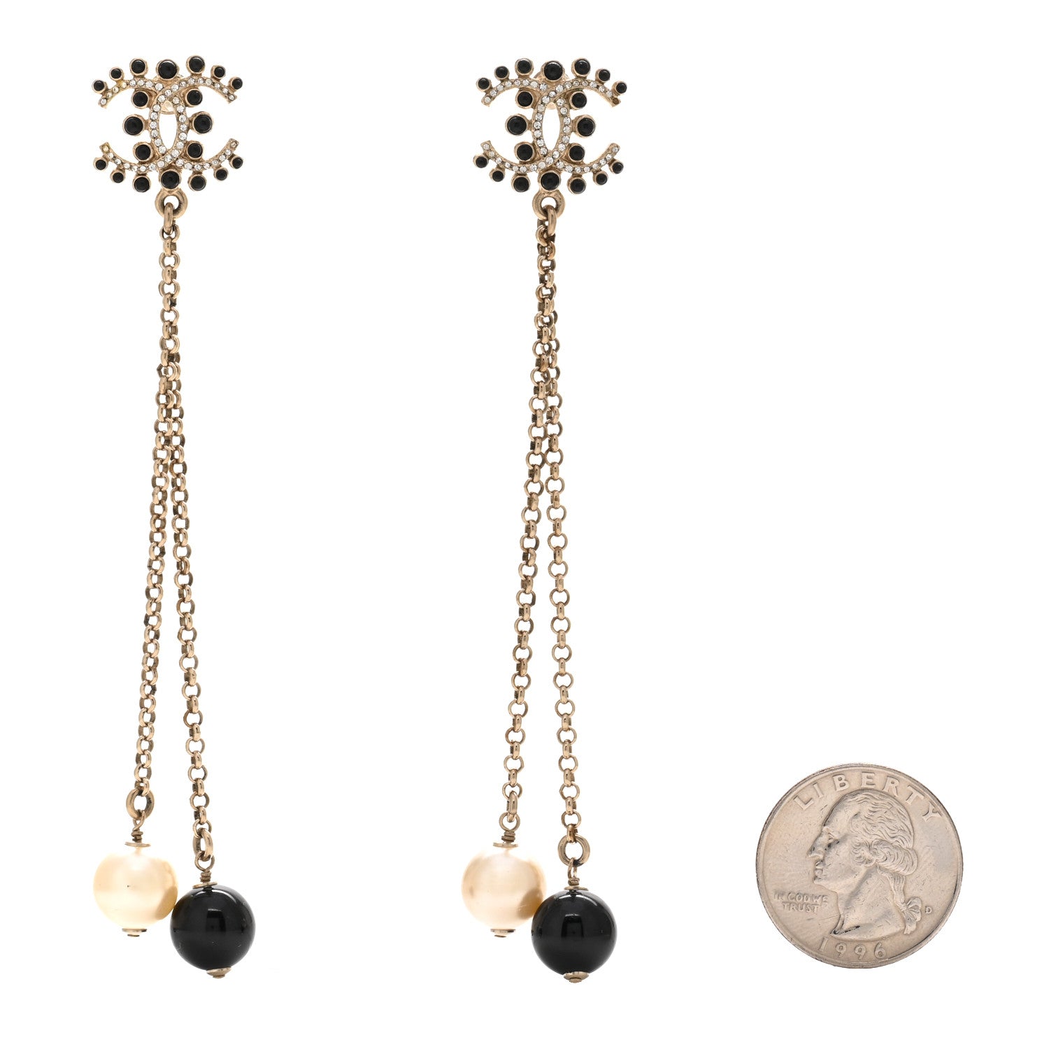 Chanel Resin Crystal Pearl CC Chain Drop Earrings Gold White Black 2 of 4