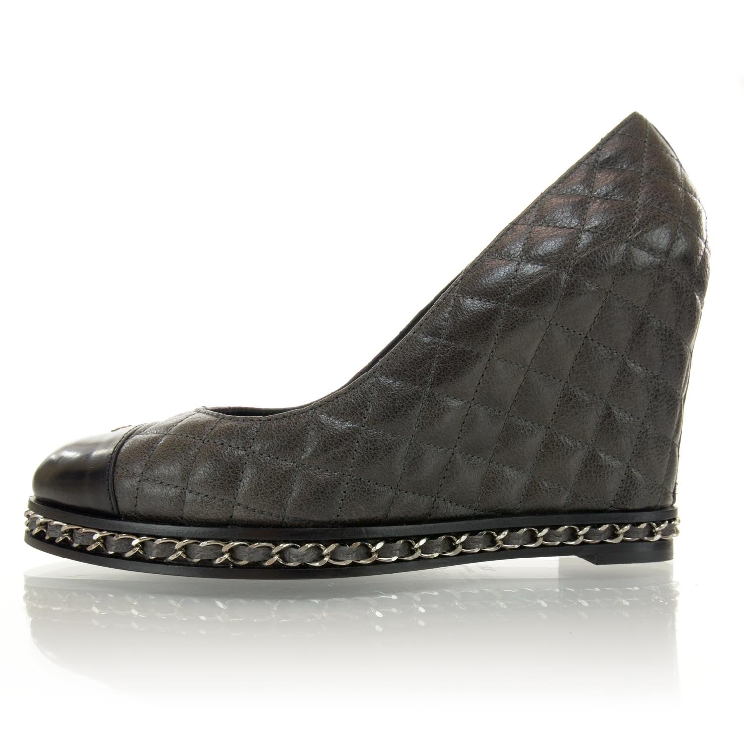 Chanel Quilted Leather Escarpins Wedges 38.5 Dark Gray 1 of 6