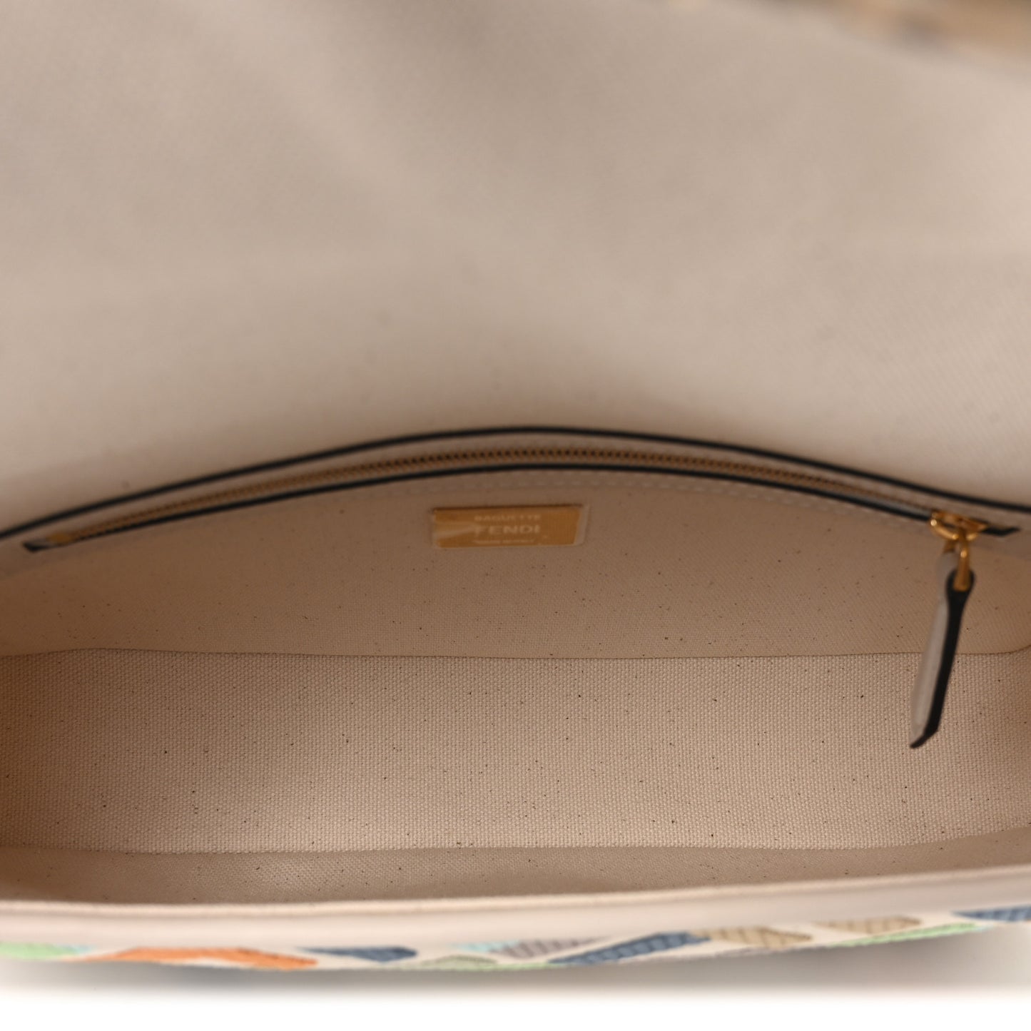 Canvas Vitello Seta FF Multicolor Embroidered Baguette Grezzo Multicolor Latte