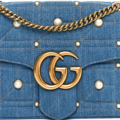 Gucci Kura Denim Matelasse Cubic Pearl Studded Medium GG Marmont Shoulder Bag Blue 8 of 10
