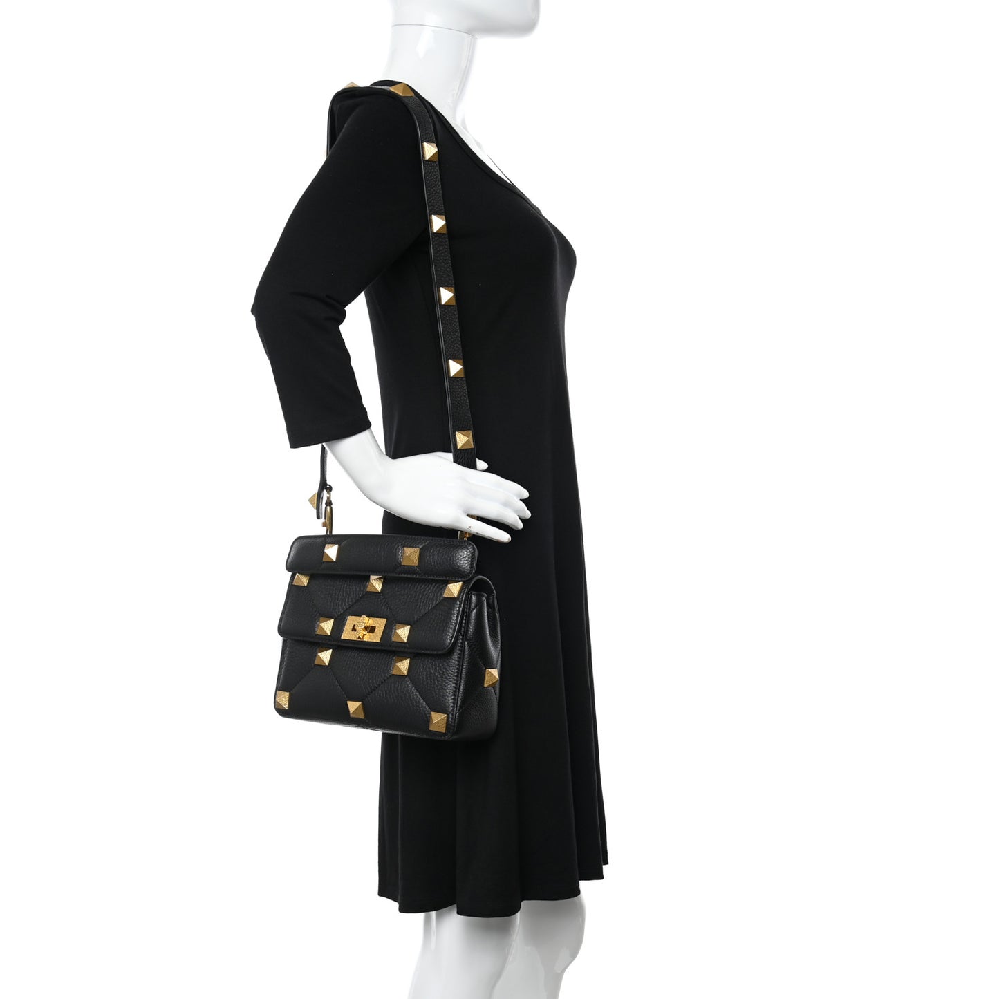 Grained Calfskin Medium Roman Stud Shoulder Bag Black