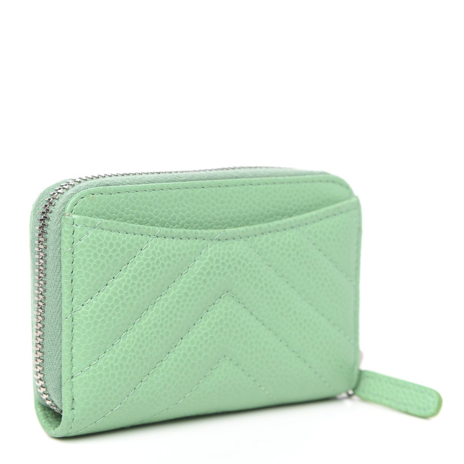 Chanel Caviar Chevron Quilted Zip Around Coin Purse Light Green 3 of 9