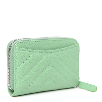 Chanel Caviar Chevron Quilted Zip Around Coin Purse Light Green 3 of 9