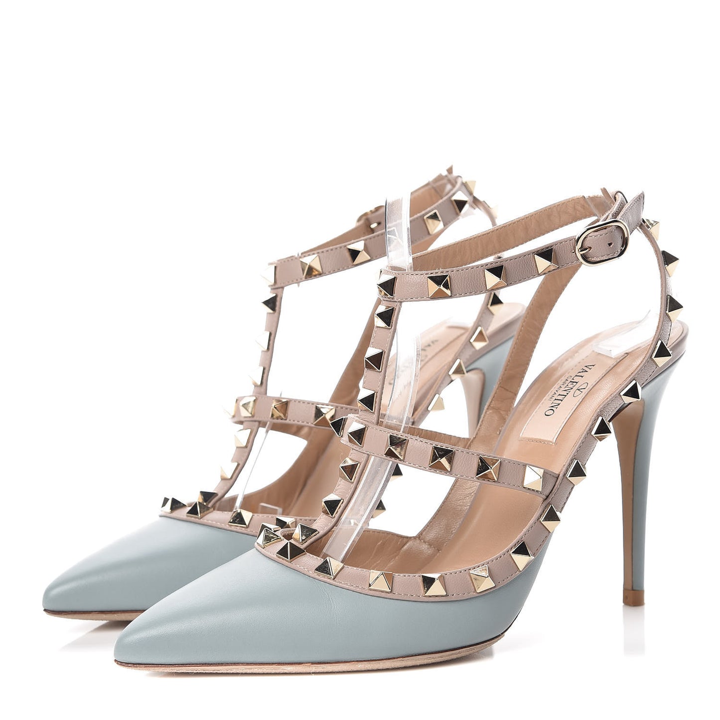 Calfskin Nappa Rockstud Ankle Strap 100mm Pumps 38 Nube Poudre