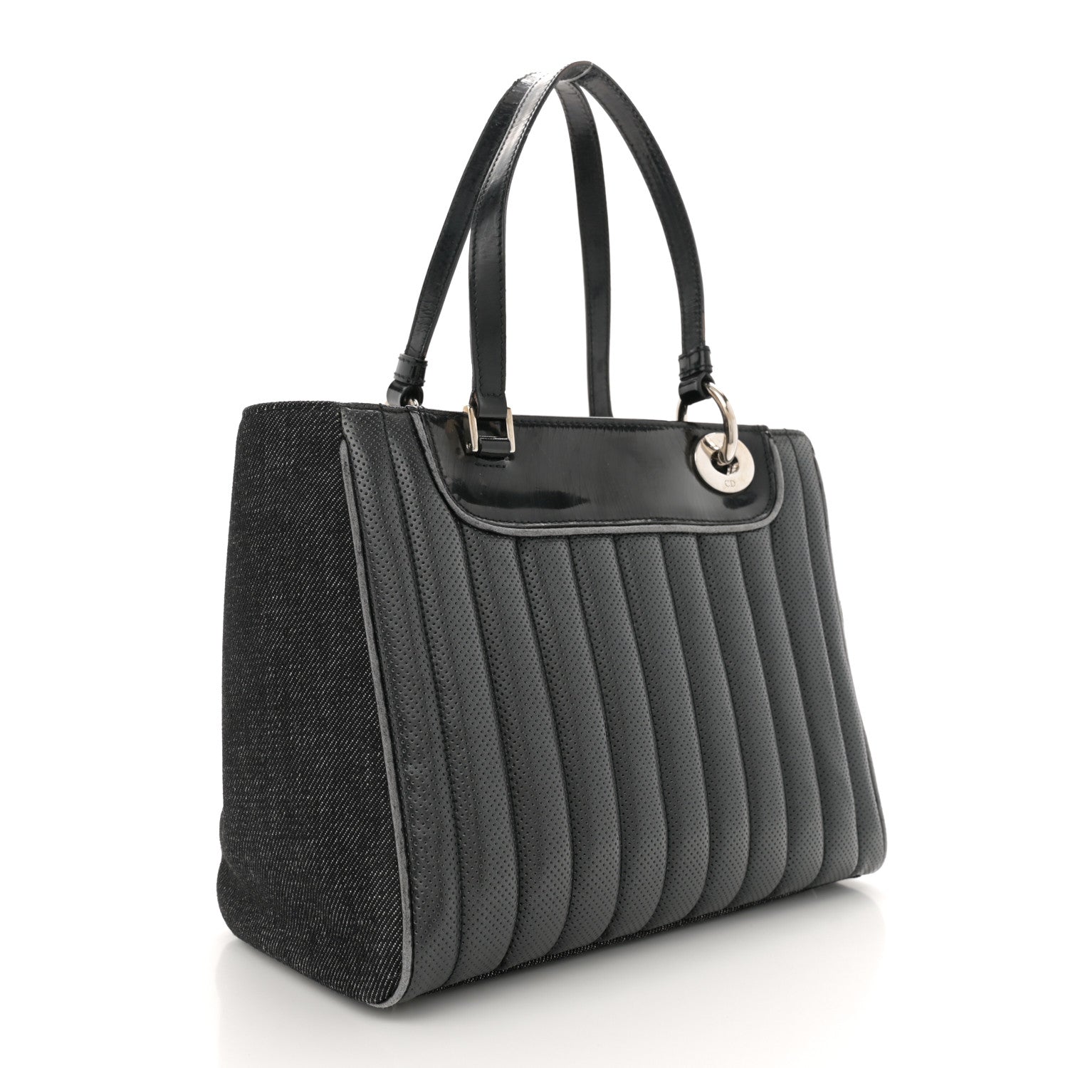 Christian Dior Denim Perforated Patent Trailer Trash Cadillac Tote Black 3 of 13