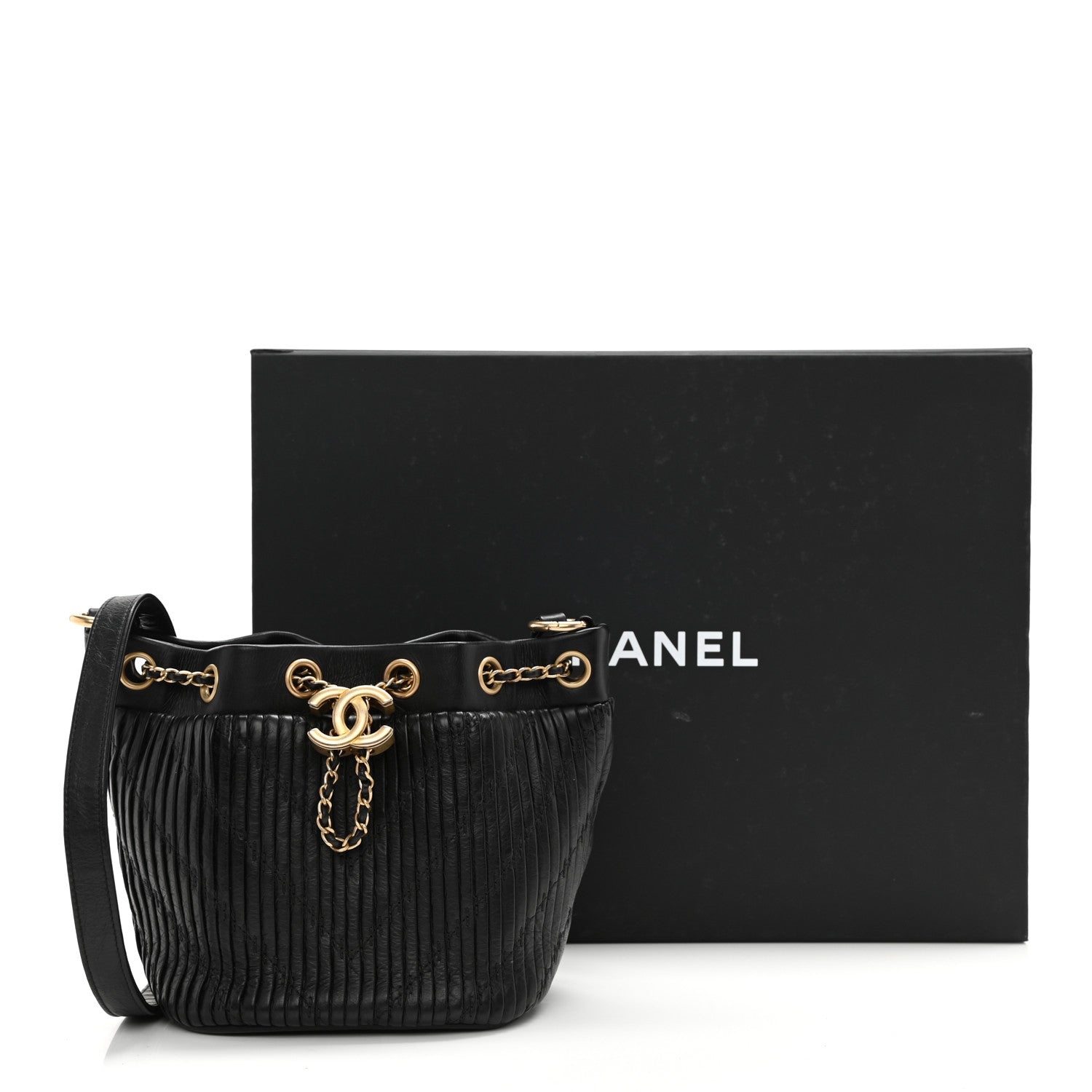 Chanel Iridescent Crumpled Calfskin Coco Pleats Small Drawstring Bag Black 10 of 10
