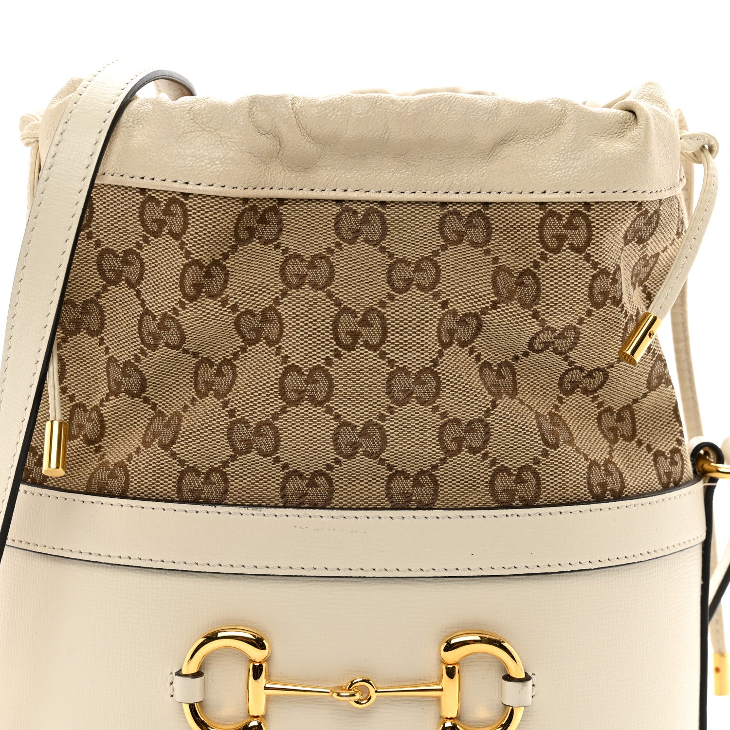 Gucci Monogram Textured Calfskin Horsebit 1955 Drawstring Bucket Bag Beige Mystic White 5 of 10