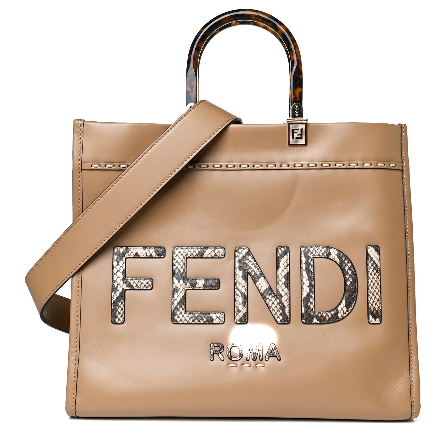 Vitello King Plexiglass Elaphe Python Print Logo Medium Fendi Sunshine Shopper Tote Miele Scuro Makeup
