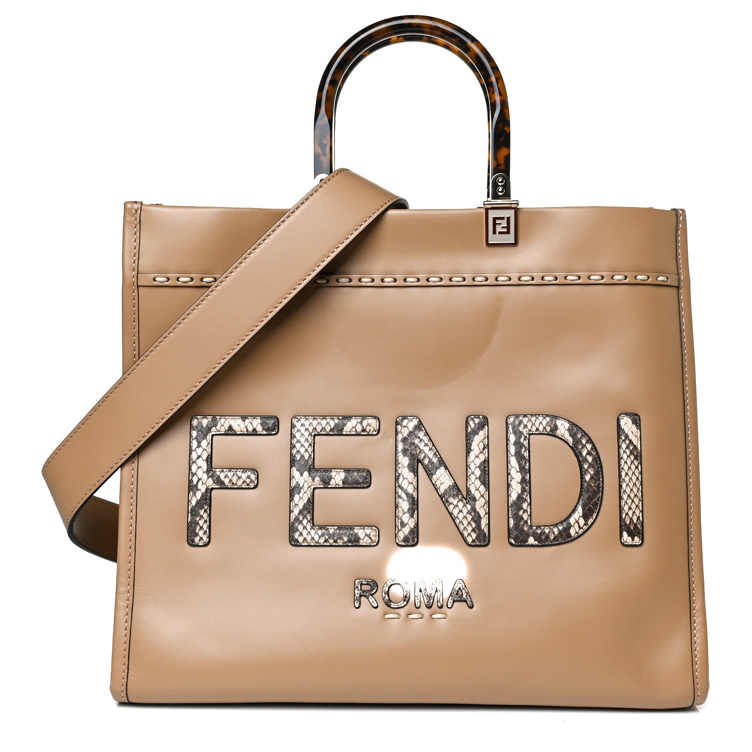 Fendi Vitello King Plexiglass Elaphe Python Print Logo Medium Fendi Sunshine Shopper Tote Miele Scuro Makeup 1 of 18