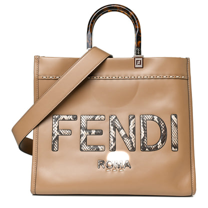 Fendi Vitello King Plexiglass Elaphe Python Print Logo Medium Fendi Sunshine Shopper Tote Miele Scuro Makeup 1 of 18