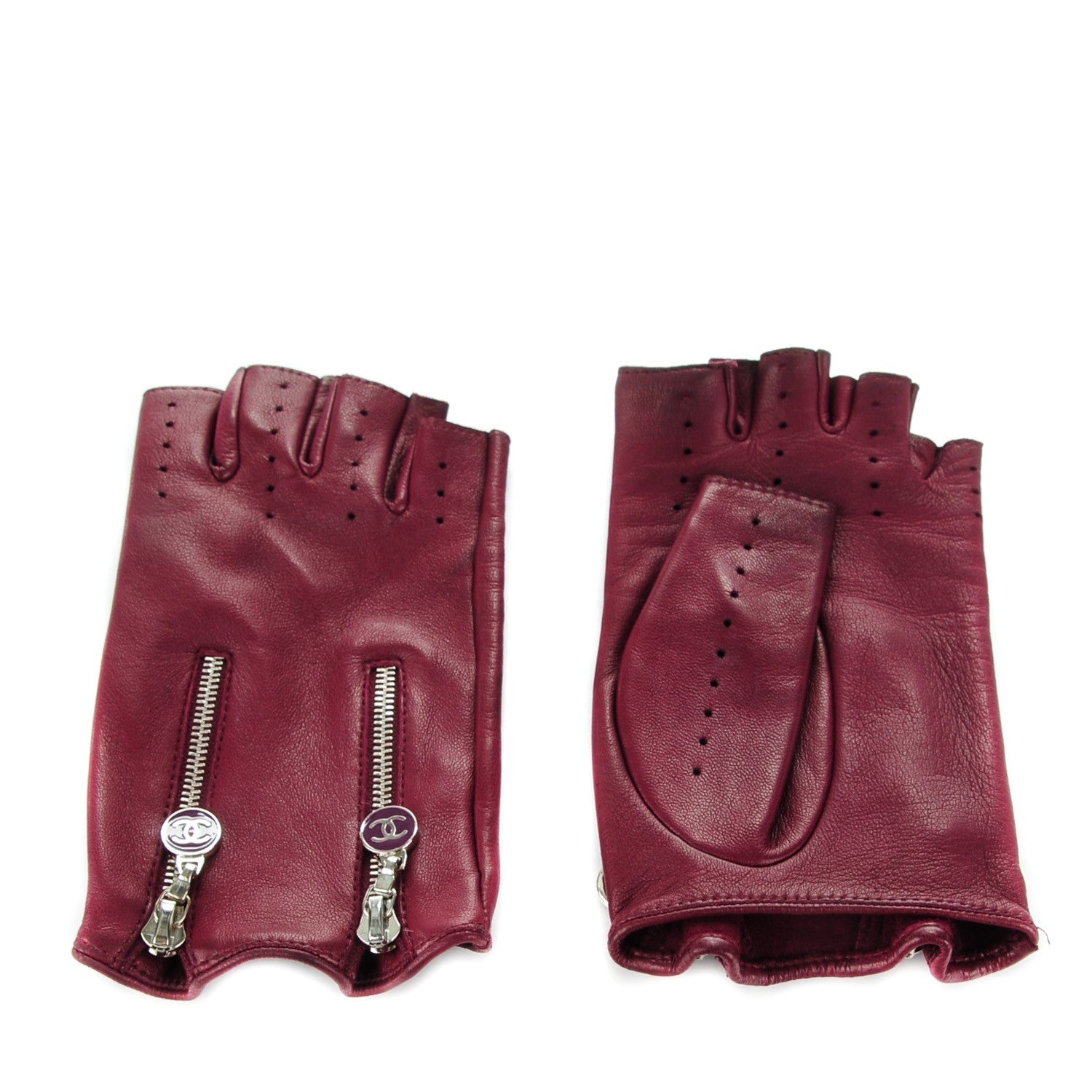 Chanel Lambskin Perforated Zipped CC Fingerless Gloves 7.5 Burgundy 1 of 9