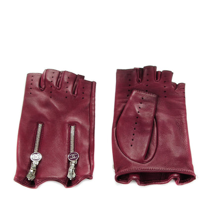 Chanel Lambskin Perforated Zipped CC Fingerless Gloves 7.5 Burgundy 1 of 9